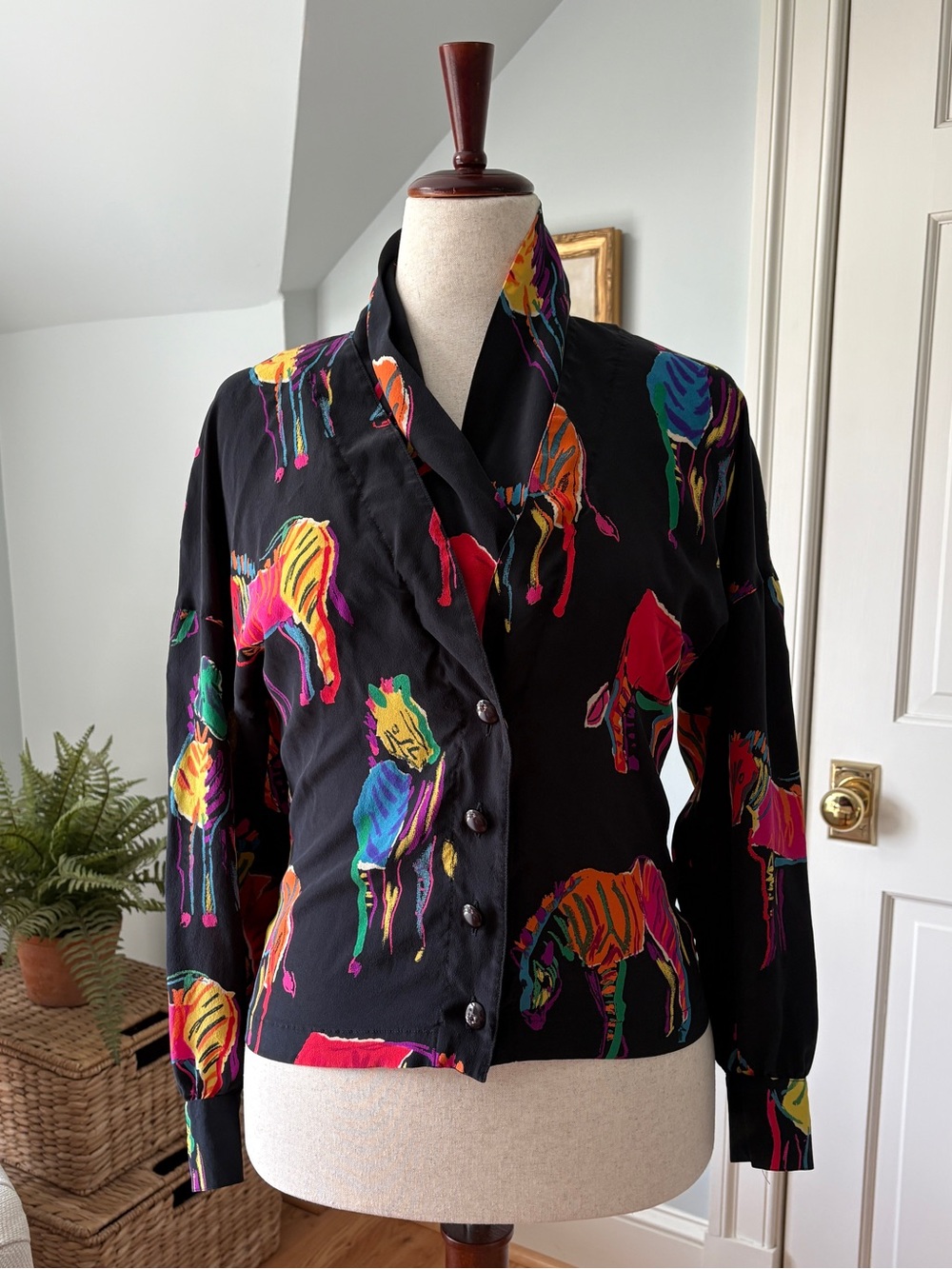 Vintage Escada Blouse with Vibrant Multicolor Zebra Print
